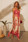 Robe Champêtre Midi Col Licou Dos Nu Bretelles Fines Coupe A-Line Imprimé Bohème Écru Fuchsia