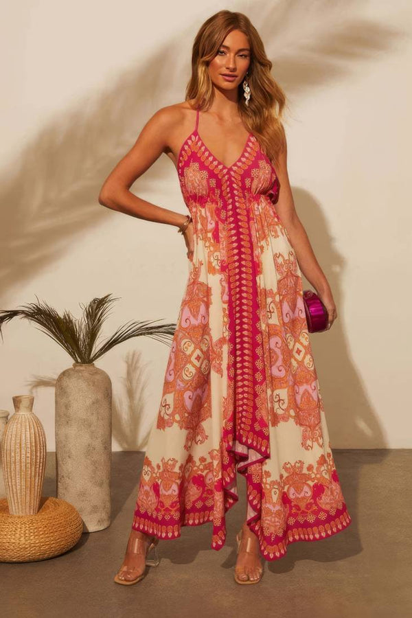Robe Champêtre Midi Col Licou Dos Nu Bretelles Fines Coupe A-Line Imprimé Bohème Écru Fuchsia