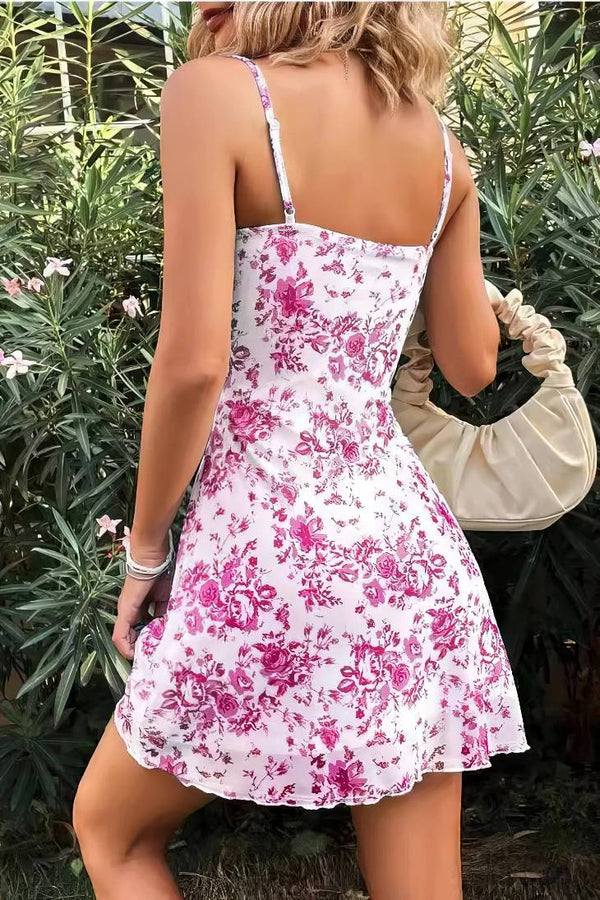 Robe Champêtre Mini À Fleurs Bretelles Spaghetti Coupe Moulante Col Droit