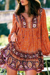 Robe Champêtre Mini Florale Vintage Manches Longues Col En V Style Bohème Hippie