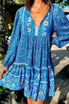 Robe Champêtre Mini Florale Vintage Manches Longues Col En V Style Bohème Hippie
