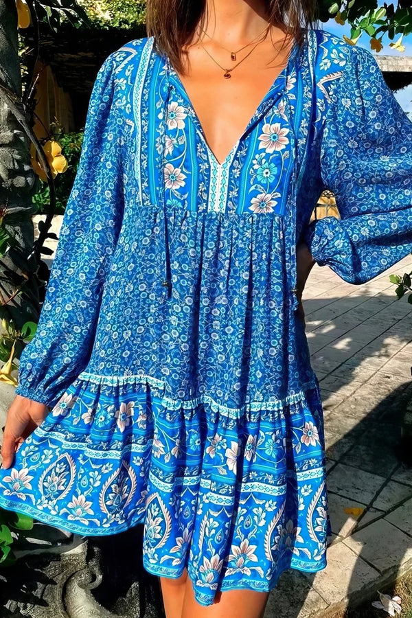 Robe Champêtre Mini Florale Vintage Manches Longues Col En V Style Bohème Hippie