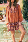 Robe Champêtre Mini Florale Vintage Manches Longues Col En V Style Bohème Hippie