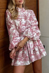 Robe Champêtre Mini Imprimée Col Montant Manches Bouffantes Taille Haute Jupe Plissée