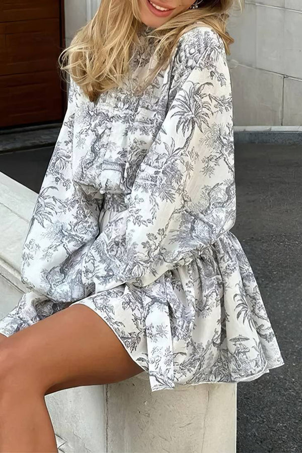 Robe Champêtre Mini Imprimée Col Montant Manches Bouffantes Taille Haute Jupe Plissée