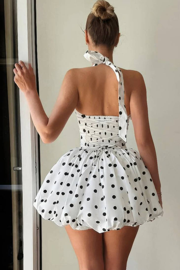 Robe Champêtre Mini Pois Blanc Col Licou Dos Nu Taille Haute Jupe Bouffante Club Soirée