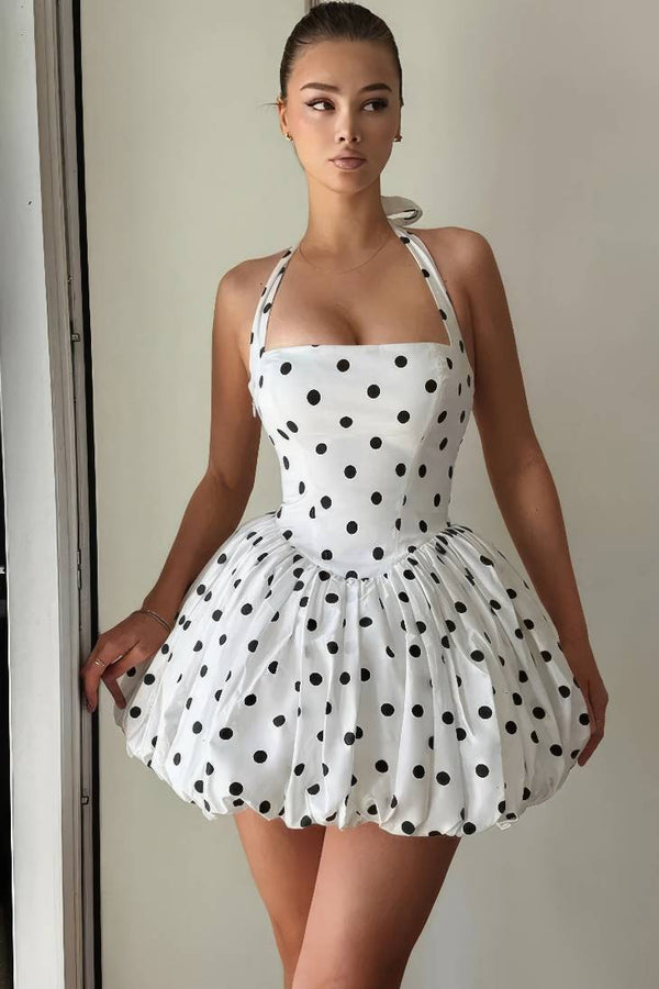 Robe Champêtre Mini Pois Blanc Col Licou Dos Nu Taille Haute Jupe Bouffante Club Soirée