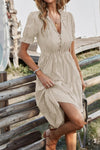 Robe Champêtre Rayée Col V Manches Courtes Taille Élastique Midi Évasée Été