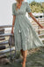 Robe Champêtre Rayée Col V Manches Courtes Taille Élastique Midi Évasée Été