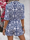 Robe Champêtre Robe Été Manches Courtes Col V Boutonnée Taille Ceinturée Imprimé Feuillage