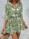 Robe Champêtre Robe Été Manches Courtes Col V Boutonnée Taille Ceinturée Imprimé Feuillage