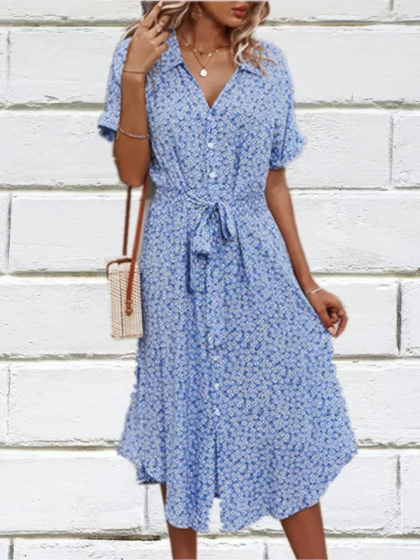 Robe Champêtre Robe Mi Longue Décontractée Col V Manches Courtes Ceinture Nouée Imprimé Floral Bohème Plage Été