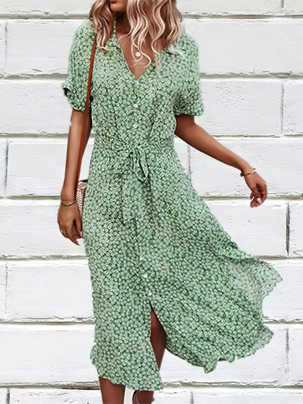 Robe Champêtre Robe Mi Longue Décontractée Col V Manches Courtes Ceinture Nouée Imprimé Floral Bohème Plage Été