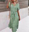 Robe Champêtre Robe Mi Longue Décontractée Col V Manches Courtes Ceinture Nouée Imprimé Floral Bohème Plage Été