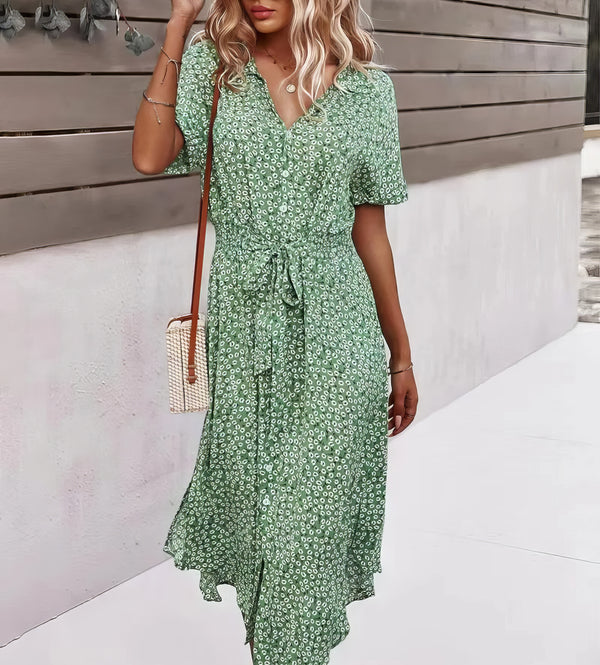 Robe Champêtre Robe Mi Longue Décontractée Col V Manches Courtes Ceinture Nouée Imprimé Floral Bohème Plage Été
