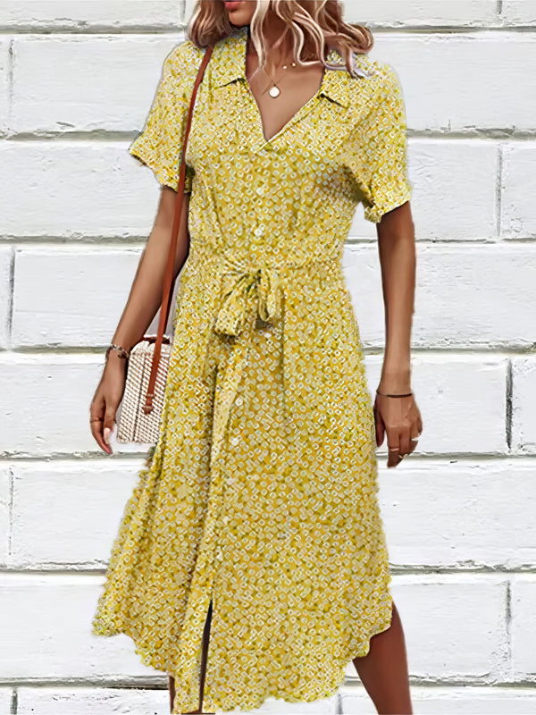 Robe Champêtre Robe Mi Longue Décontractée Col V Manches Courtes Ceinture Nouée Imprimé Floral Bohème Plage Été