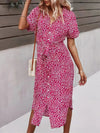 Robe Champêtre Robe Mi Longue Décontractée Col V Manches Courtes Ceinture Nouée Imprimé Floral Bohème Plage Été