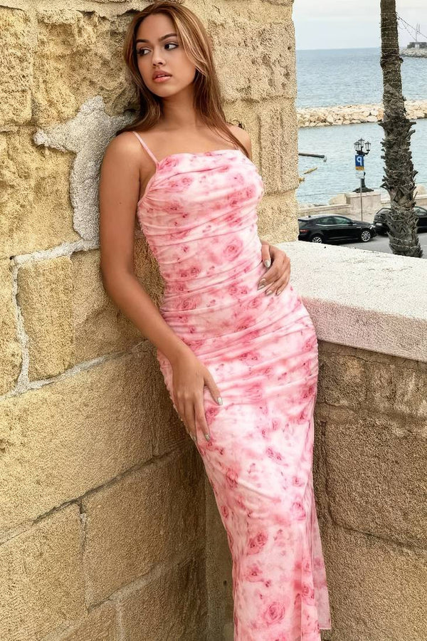 Robe Champêtre Rose À Imprimé Floral Coupe Moulante Bretelles Spaghetti Col Droite Longueur Midi