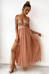 Robe Champêtre Sexy De Soirée Fendue Dos Nu Maxi À Paillettes Élégante À Bretelles