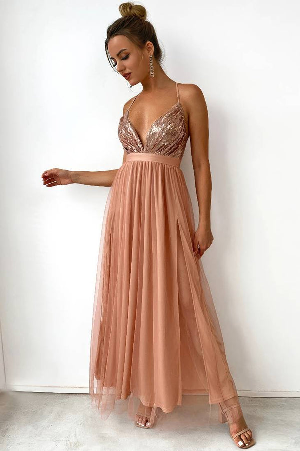 Robe Champêtre Sexy De Soirée Fendue Dos Nu Maxi À Paillettes Élégante À Bretelles
